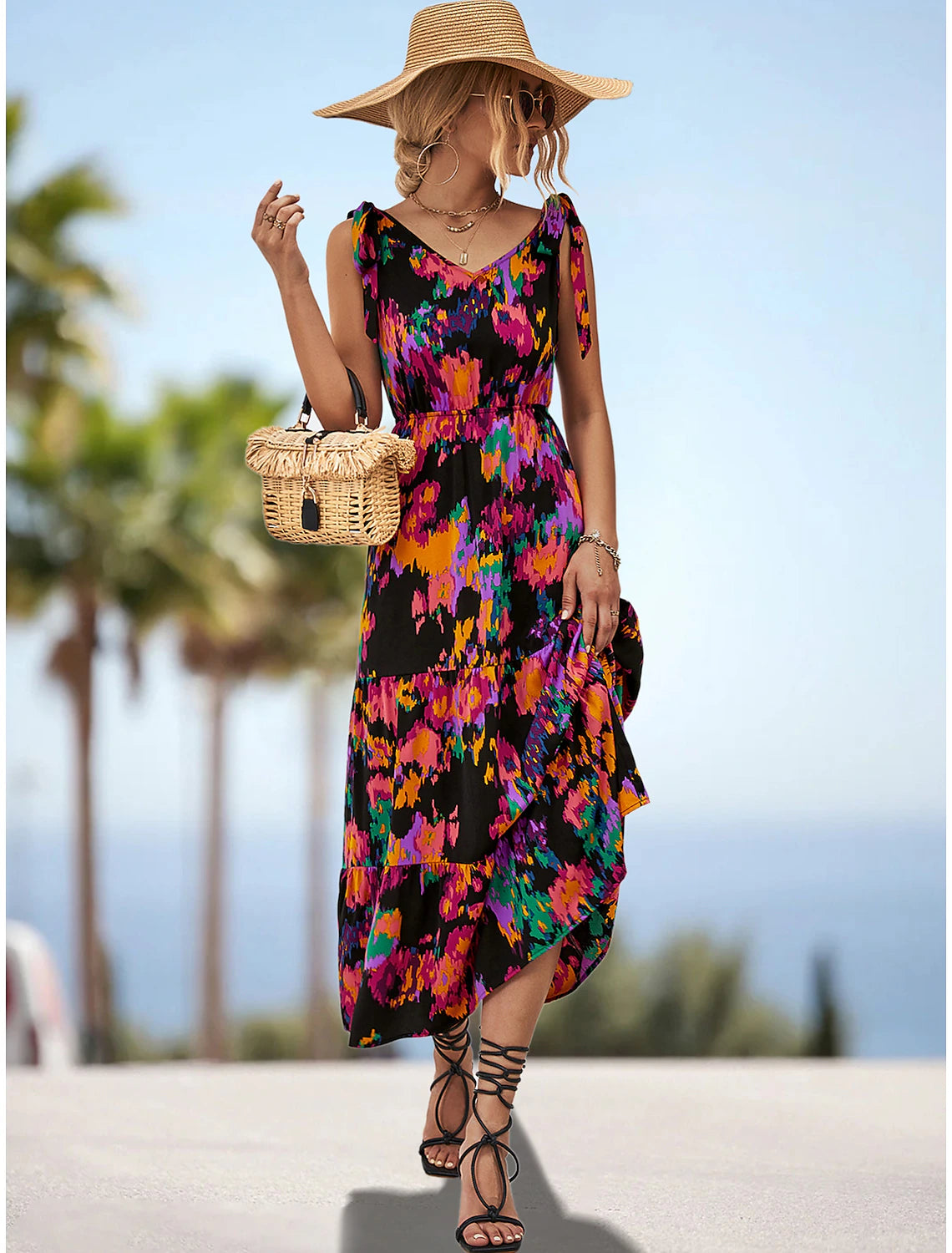 A-Linie Kleider für Hochzeitsgäste Elegantes Kleid für Hochzeitsgäste Knöchellang Ärmellos Spaghettiträger Polyester Rückenfrei mit Schlitz Riemchen